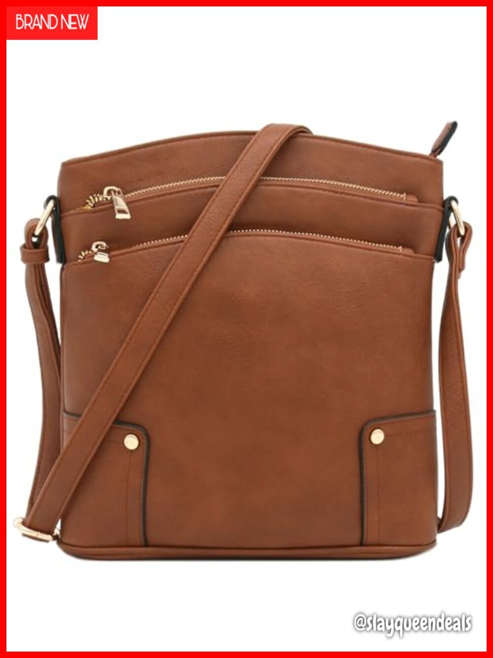 Faux Leather Triple Zip Pocket Large Crossbody Bag Adjustable Strap
